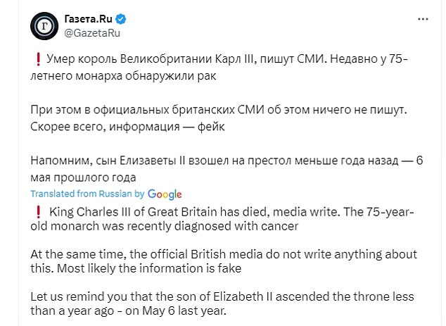 A tweet from Gazeta.ru fueled rumors that Charles had died