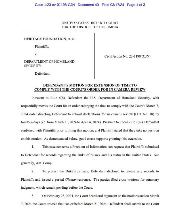 The Heritage Foundation is suing the Department of Homeland Security to release details of Harry's immigration status. On Sunday, DHS lawyers asked for more time to comply with the judge's order to provide more information about why they did not want to release the records.