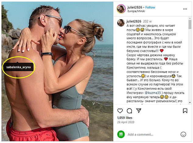 Koltsov's ex-wife Julija previously accused Sabalenka of being involved in the breakdown of her marriage, sharing a photo of her and the ice hockey star together.