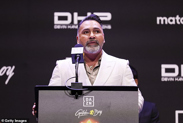 Her uncle is Oscar De La Hoya, seen on stage during the Ryan Garcia vs. Devin Haney press tour at Avalon Hollywood & Bardot in Los Angeles in February.