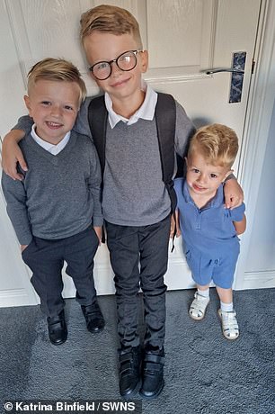 Ms Binfield broke the devastating news to their children, eight-year-old Louie (centre), five-year-old Karson (left) and two-year-old Arlo (right) last week.