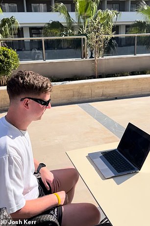 Josh worked remotely from the hotel, logging into his laptop in the 'blazing sun'