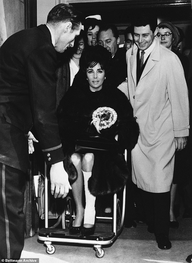 Hollywood star Elizabeth Taylor underwent knee surgery at The London Clinic in January 1963. Above: Taylor leaves the hospital with her leg bandaged