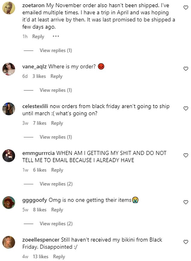 The brand's Instagram has been flooded with comments from angry customers who claim their Black Friday orders haven't arrived yet.