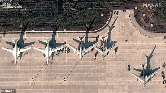 FILE PHOTO: Satellite image provided by Maxar Technologies shows several Tu-160 and Tu-95 strategic bombers at Engels airfield