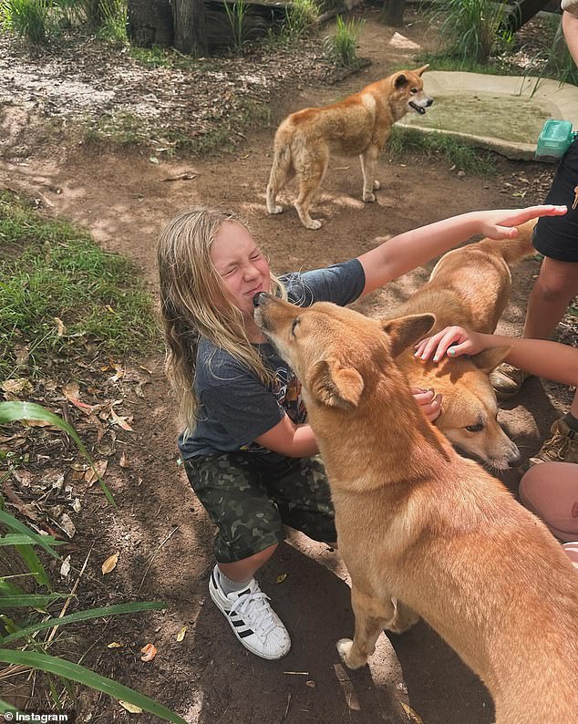 She shared sweet snaps of her son Jameson petting dingoes as the youngster appeared over the moon with the day.