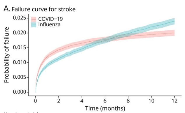 The graph above shows the risk of a person suffering a stroke after being hospitalized for a Covid infection (pink line) or flu infection (blue line) over time.
