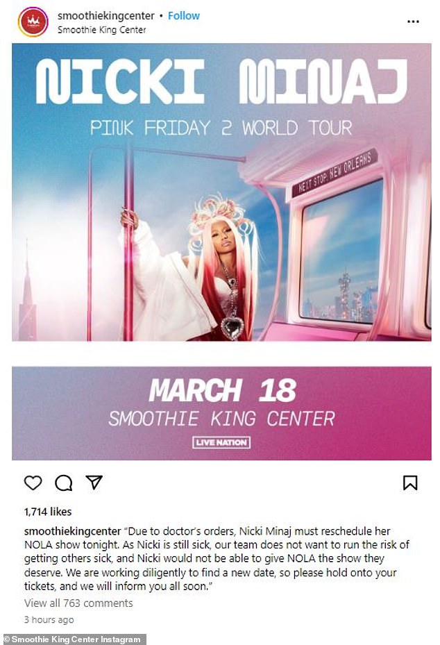 A post shared on the Smoothie King Center Instagram account gave a brief explanation of the cancellation.