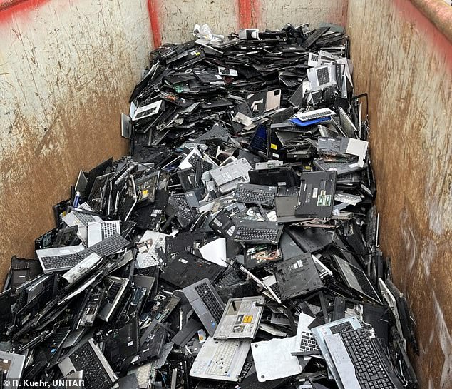 E-waste like these laptops discarded at a German recycling center contained metals worth an estimated £90 billion (£71 billion) in 2022.