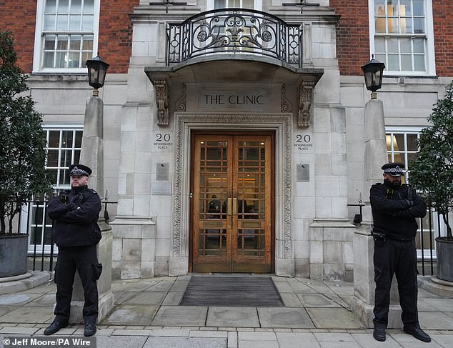 The London clinic, where the Princess of Wales was treated after undergoing abdominal surgery, first opened its doors in 1932. Above: Police outside the hospital as Kate received treatment care.