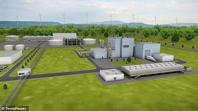 Another conceptual image of the nuclear power plant proposed by TerraPower. Large storage tanks assist in sodium cooling equipment.