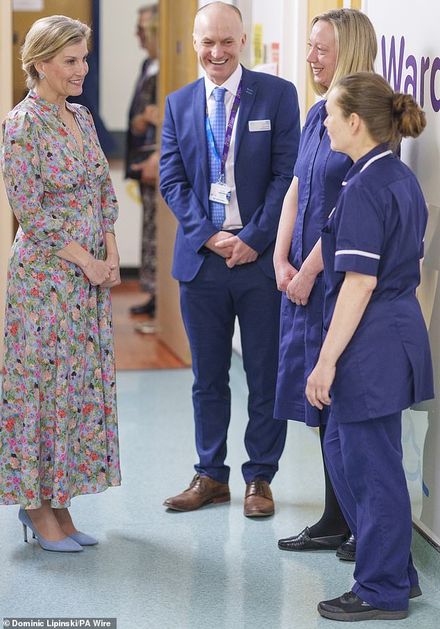 The Duchess of Edinburgh (pictured, left) spoke to a number of staff during her visit, including (pictured left to right) the chief executive of Leeds University Hospitals, Professor Phil Wood, Head of Nursing at Leeds Children's Hospital, Laura Whelan, and Ward Manager, Julie Cooper.