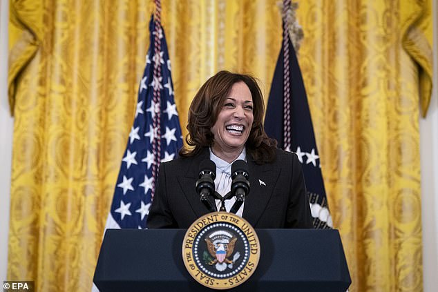 Vice President Kamala Harris speaks during a Women's History Month reception at the White House.