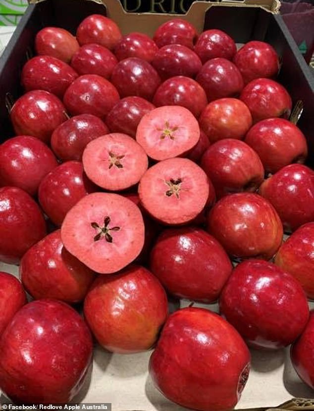 When cut into quarters, the Redlove apple has a distinctive heart shape although it appears externally identical to other varieties of fruit.