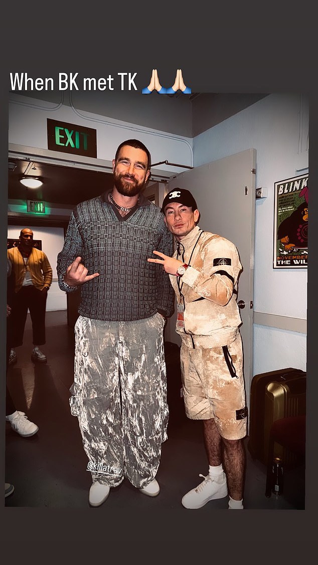 Kelce was pictured with Saltburn star Barry Keoghan backstage at the Wiltern last week