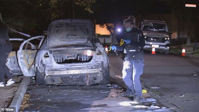 Police are investigating whether two cars (one pictured) found burnt out in different suburbs are linked to the shooting