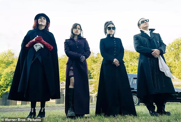 Another image shows Winona Ryder and Catherine O'Hara reuniting as Lydia Deetz and her mother Delia, with Jenna Ortega as Astrid Deetz, Lydia's daughter, and Justin Theroux as the mysterious new character Rory.