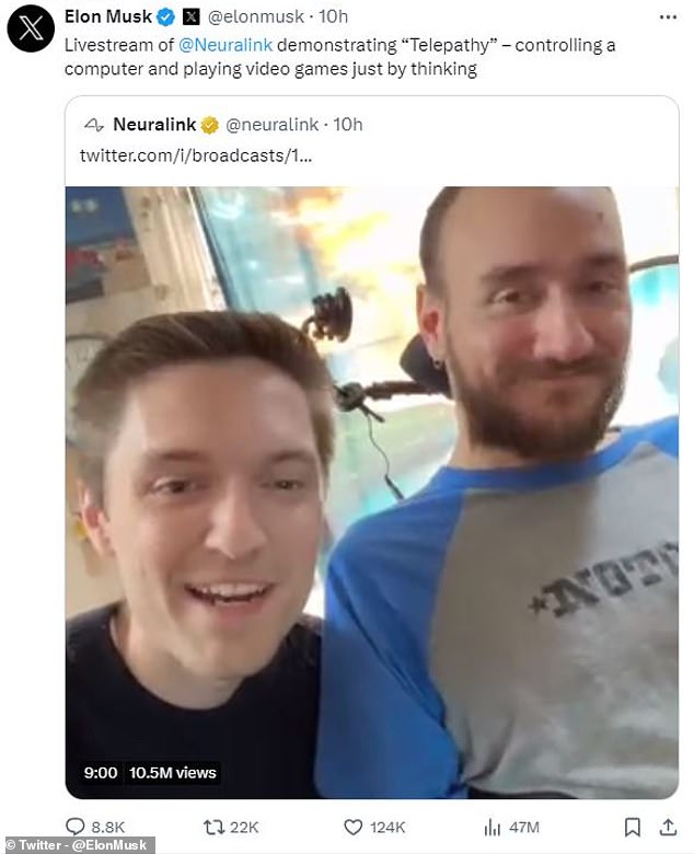 Musk shared livestream of paralyzed man Noland Arbaugh, 29, using Neuralink chip to play chess using 'telepathy'