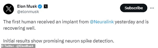 On X, Musk announced that the first Neuralink patient was recovering well and that initial tests were promising.