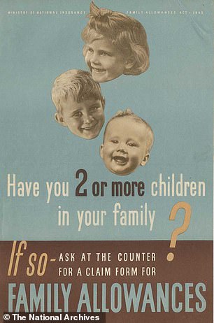 A 1945 poster encouraging British parents of two or more children to claim child benefit