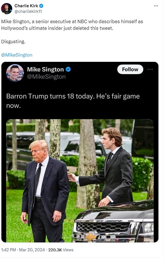 1711045651 443 Ex NBC exec Mike Sington DELETES tweet calling Barron Trump fair