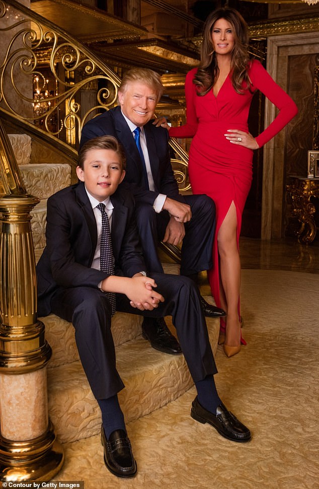 We saw baby Barron's large nursery, a corner room with stunning views of Manhattan and filled with enormous stuffed animals, where Donald borrowed his son from the nanny so he could hold him in front of the cameras.  (Pictured: in Trump Tower in 2016)