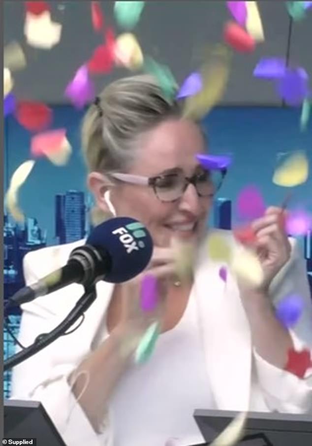 The radio presenter, 47, was in a state of complete disbelief as her co-hosts Brendan Fevola and Nick Cody celebrated her new title.