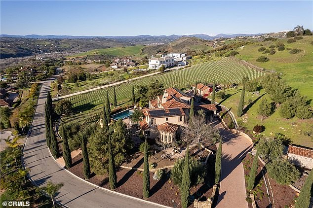 An aerial photo of the Macks' $2.75 million property in Bonsall, Calif., which includes a 3 1/2-acre vineyard, winery and private stone chapel.