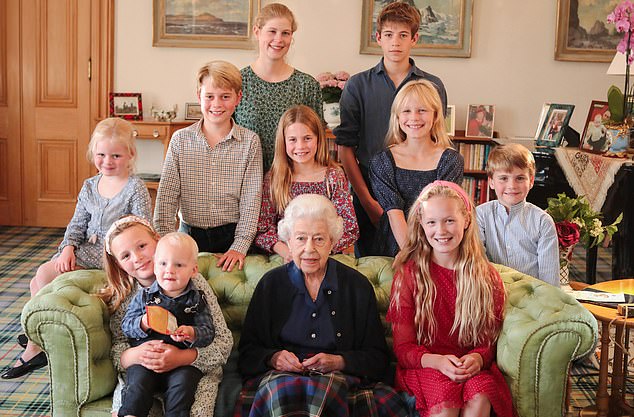 This photo was shared to mark what would have been the late monarch's 97th birthday last year. (Pictured left to right: Back row: Lady Louise Windsor and James, Earl Wessex. Second row: Lena Tindall, Prince George, Princess Charlotte, Isla Phillips and Prince Louis. Front row: Mia Tindall holding Lucas Tindall. The late Queen Elizabeth II and Savannah Phillips)