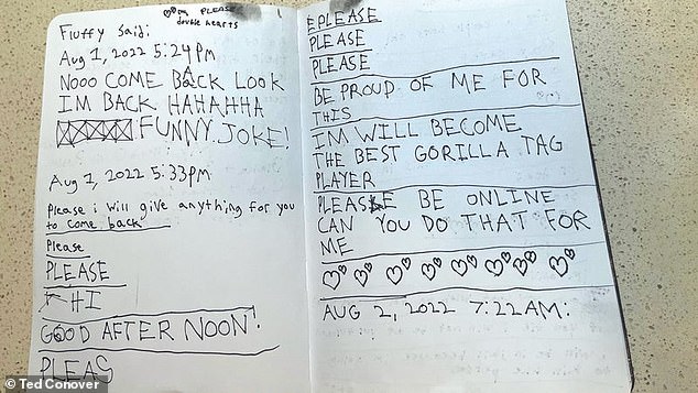 He meticulously detailed his Roblox friends begging him not to go off the grid. The diary (pictured) was discovered by journalist Ted Conover of Outside Magazine