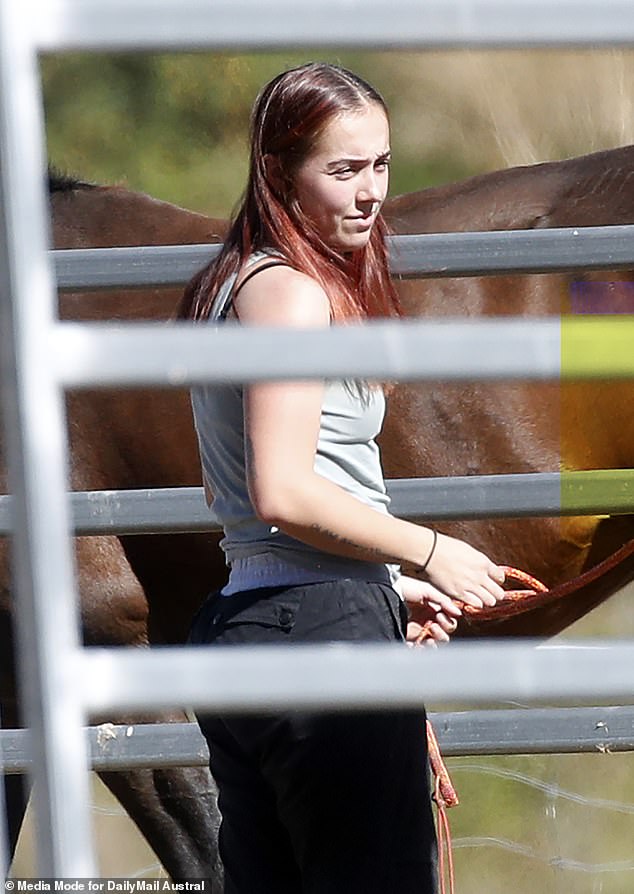 Ms Harbor was seen tending to the horses on her family's rural property on Friday.