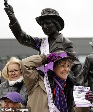 WASPI protest: Women gathered at the statue of political activist Mary Barbour in Glasgow to mark International Women's Day earlier this month.