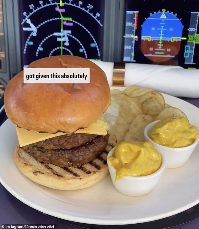 Fuel! Rosie also shared a snap of a plant-based double cheeseburger with chips and lots of mustard