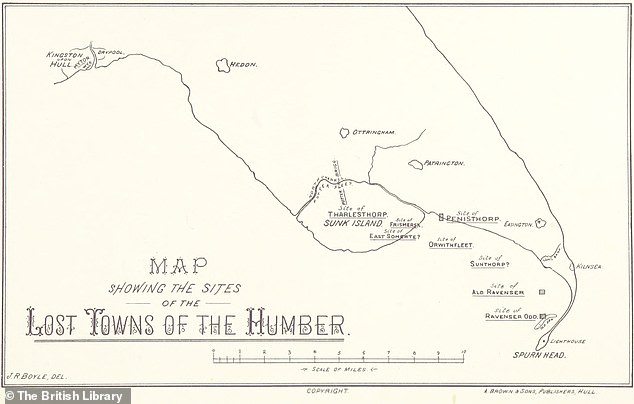 Map showing the location of the ancient island city Ravenser Odd. It was just west of Spurn Point, the extreme tip of the winding peninsula that separates the North Sea and the Humber Estuary.
