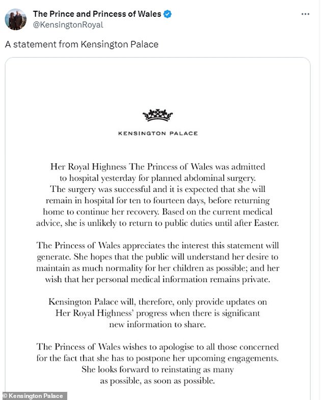 Kensington Palace announced in January that the Princess of Wales had undergone abdominal surgery