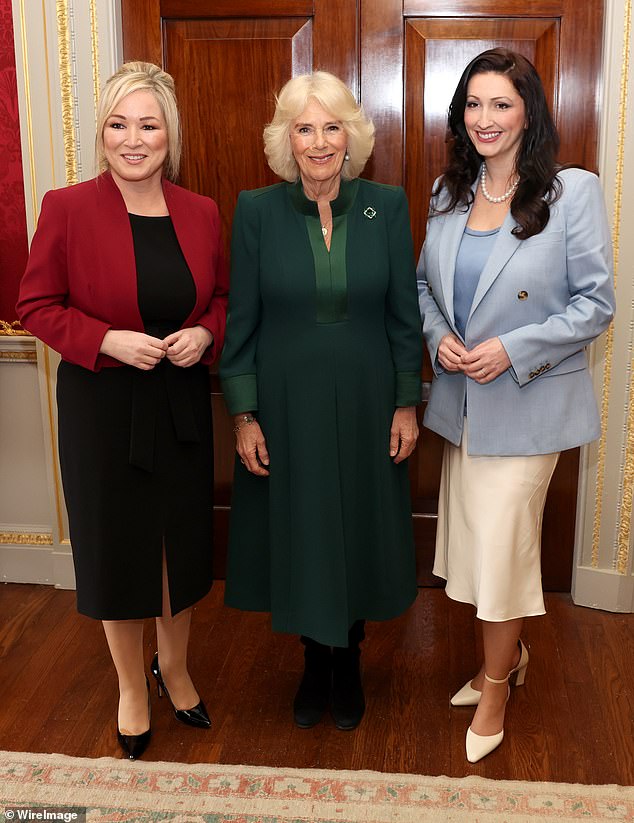 And on Wednesday, the 76-year-old royal traveled to Northern Ireland to meet Northern Ireland First Minister Michelle O'Neill (left) and Northern Ireland Deputy First Minister Emma Little-Pengelly, right