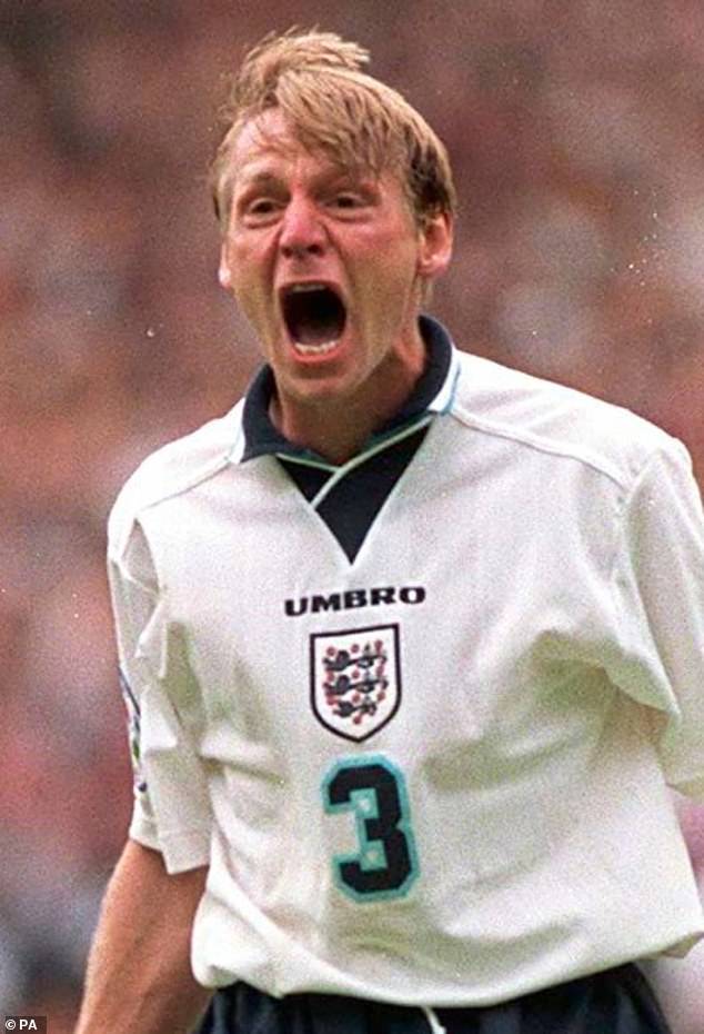 Stuart Pearce at Euro 1996, a tournament where England introduced an indigo alternative which was actually gray - worn in the semi-final shootout defeat to Germany