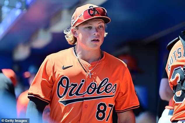 Baltimore's Jackson Holliday watches from the dugout during a 2024 Grapefruit League game
