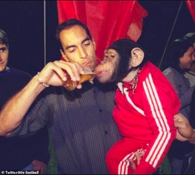 Edmundo shares his beer with the chimpanzee Pedrinho during his son's first birthday party