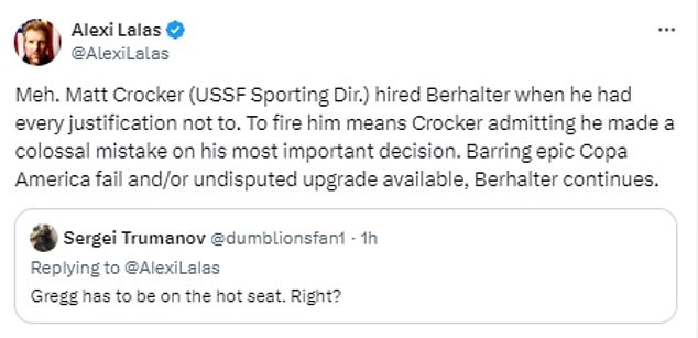 However, Lalas believes that Berhalter is not in the hot seat yet ahead of the Copa America