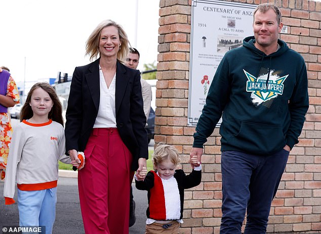 Labor leader Rebecca White with family after voting in Hobart, Tasmania on Saturday