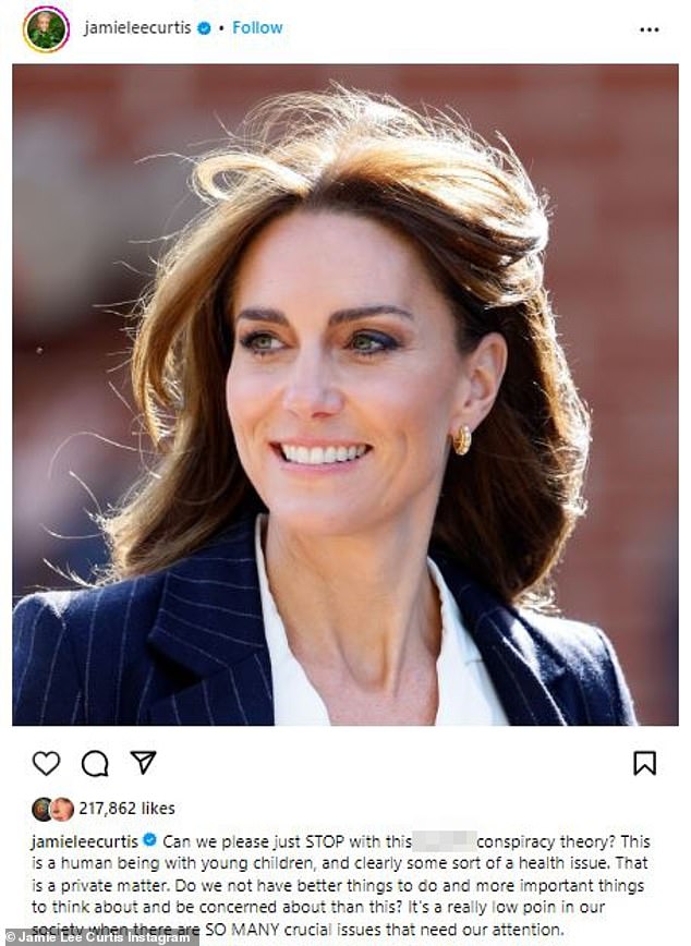 Shortly before Kate Middleton made the announcement, the actress, 65, took to Instagram to ask people to stop theorizing about her and her whereabouts.