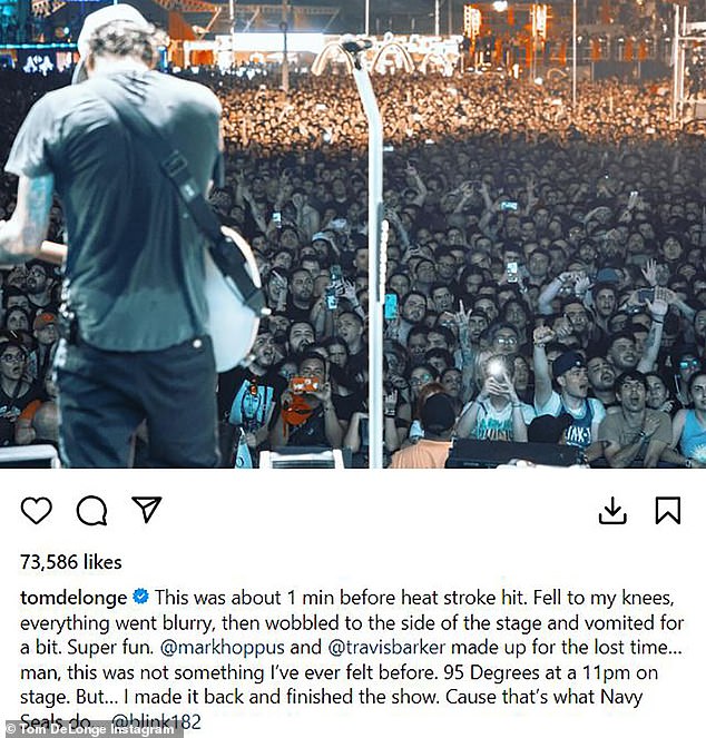 Tom uploaded an Instagram post about the incident on Thursday, including a slightly blurry photo of him on stage moments before he fell ill