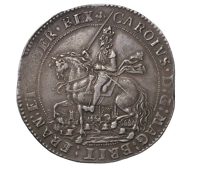 The Oxford Crown was struck in 1644 and depicts King Charles I in battle at Oxford during the English Civil War.
