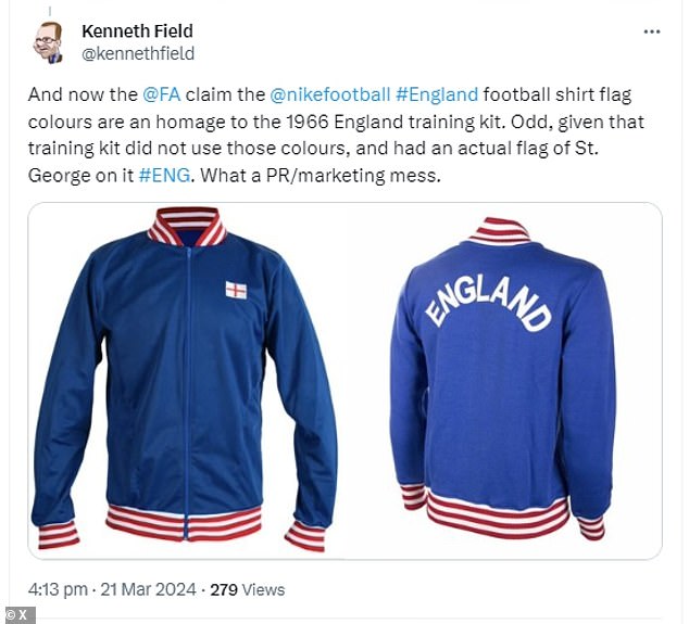 The FA and Nike say that the colors of the St.  The George's cross on the collar is a nod to previous training tops worn by the 1966 World Cup winners
