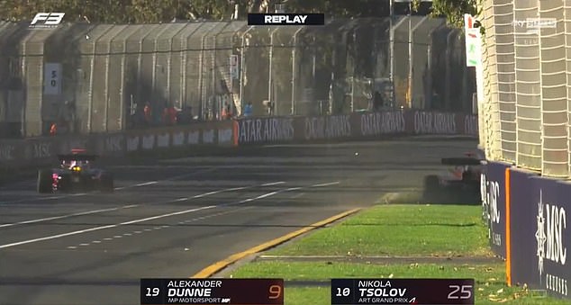 Dunne was then sent screeching into the wall with pieces of his car flying off and getting a red flag