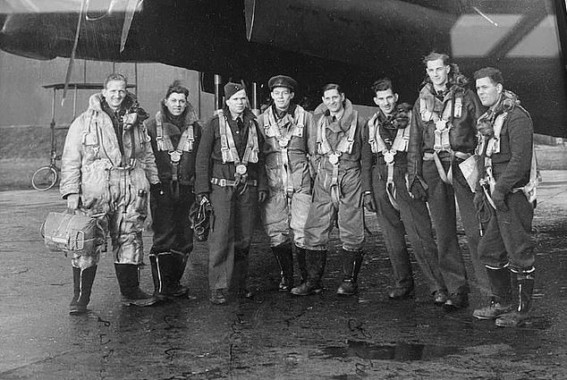Bell, pictured second from right, was too tall at 6ft 4 to train as a pilot but became a bomb aimer instead