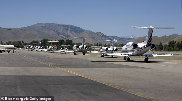Hailey, Idaho came in fifth with a median household price of $487,600. (pictured: Private jets line up on tarmac to depart Hailey/Sun Valley Airport)