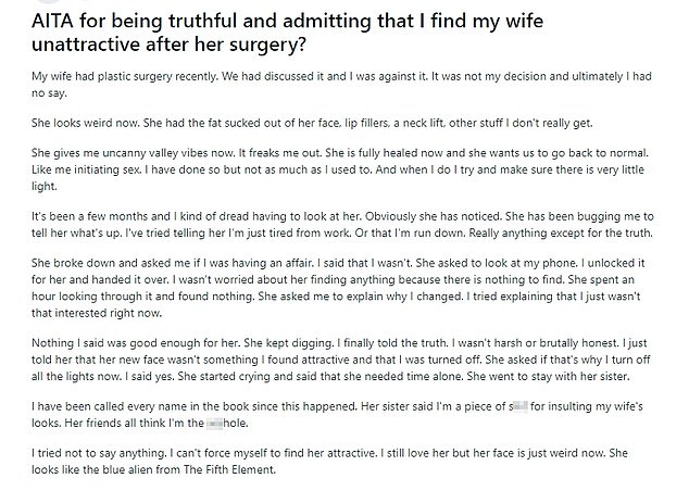 The unnamed man took to Reddit to share that he now 'turns off the lights' during sex and tries to avoid looking at her
