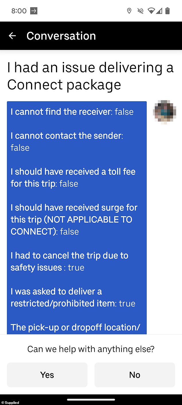 Emma filled out a form to explain why she couldn't deliver the package, but got no response from Uber